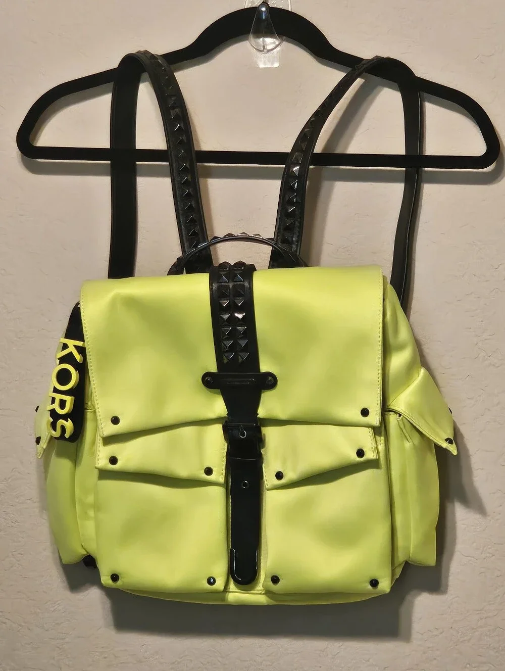 Michael Kors Olivia Neon Yellow Backpack with Black Stud Accents